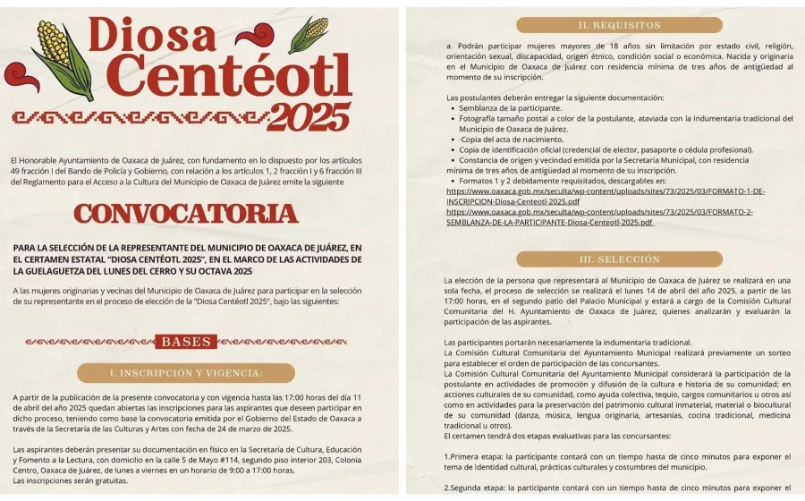 Continúa abierta la convocatoria para la elección de la representante de la Diosa Centéotl 2025 del Municipio de Oaxaca de Juárez