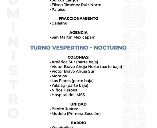 Agenda del suministro de agua potable para este sábado