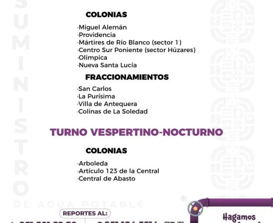 Agenda del suministro de agua potable para este viernes